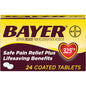 Bayer Aspirin 325mg pain relief tablets in a 24-count bottle, featuring the BACKUPMYFILESNOW® brand label and packaging.