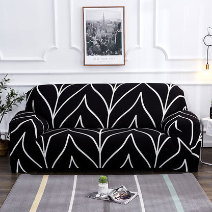 Elastic universal sofa cover in neutral fabric, designed to fit most sofas with a snug, stretchable fit