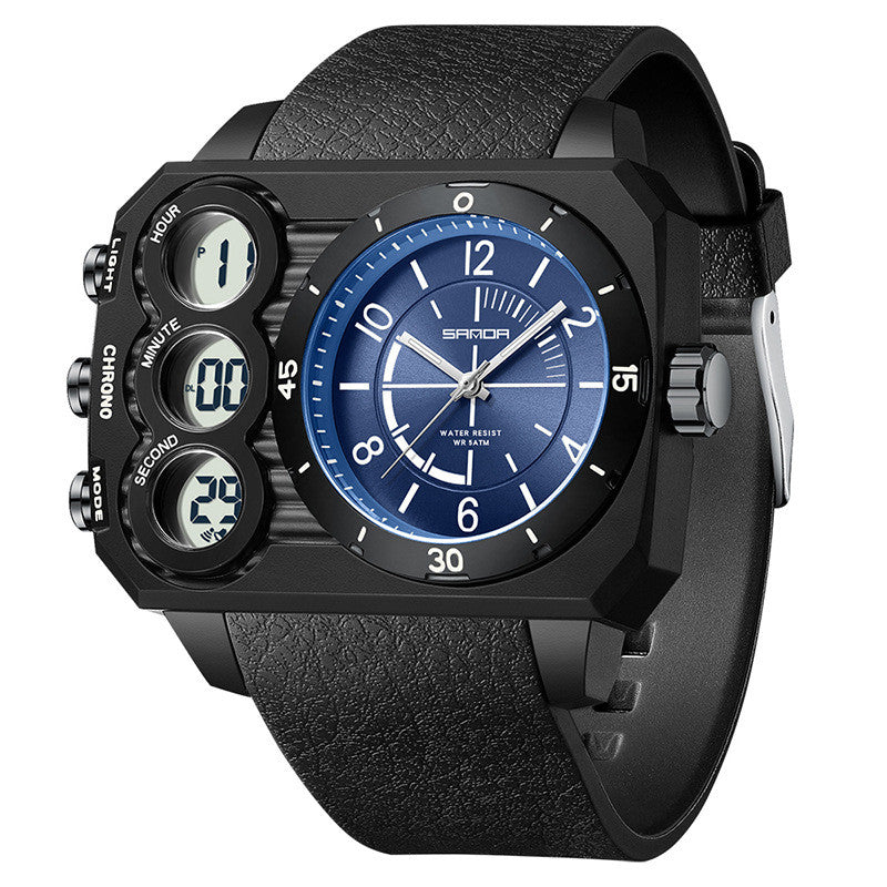 Men's outdoor sports waterproof watch with rugged design, large dial, and dual display