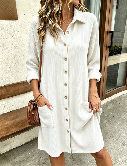 Autumn women's corduroy shirt dress with turn-down collar and single-breasted front