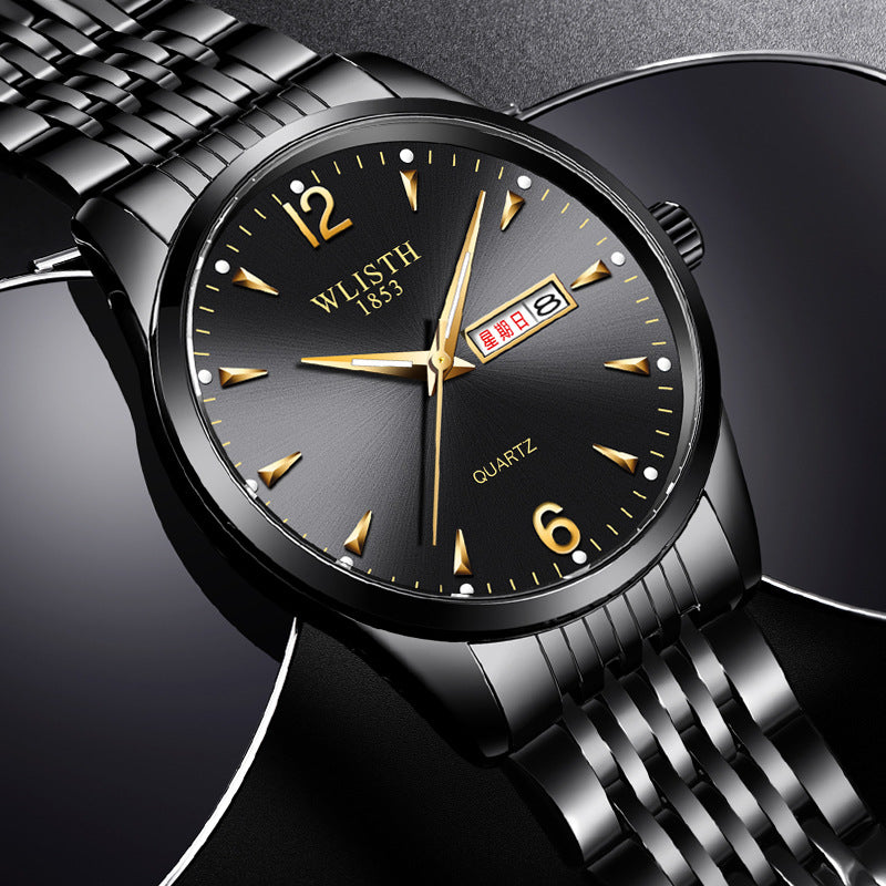 Luminous waterproof men's quartz watch with leather strap and clear analog dial