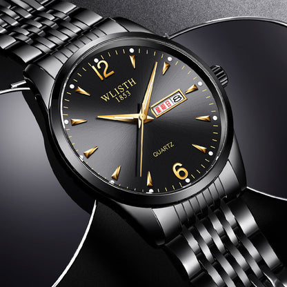 Luminous waterproof men's quartz watch with leather strap and clear analog dial