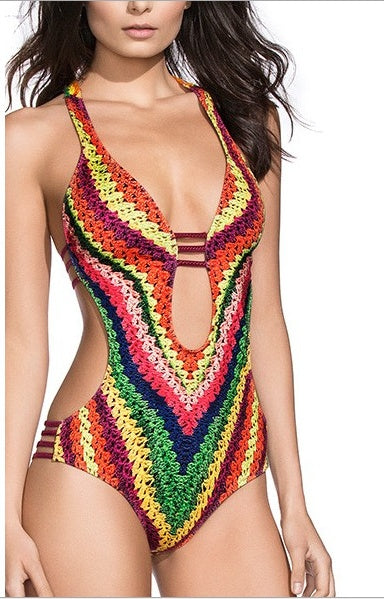 Printed bikini women's one-piece swimsuit with colorful pattern and adjustable shoulder straps