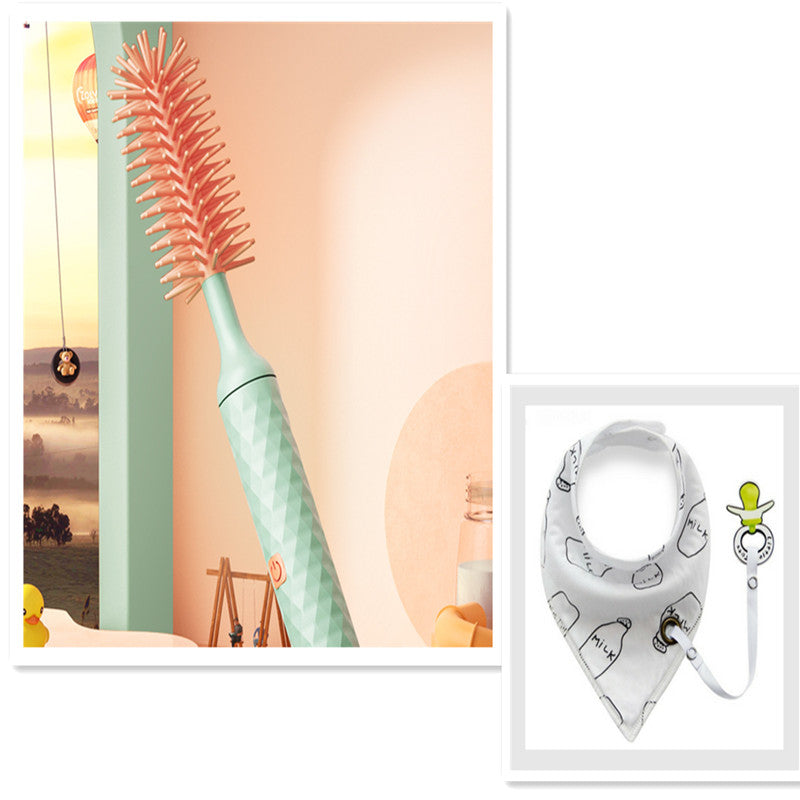 Electric silicone bottle brush with 360-degree rotation, lithium battery, and baby pacifier and cup cleaning attachments