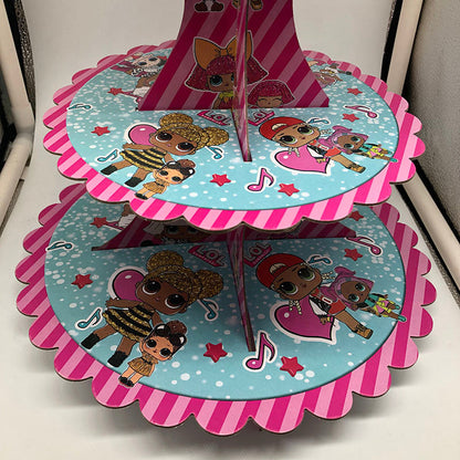 Cartoon doll birthday theme cake stand with colorful character design and tiered display structure