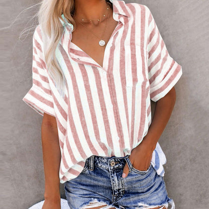 Madam striped short sleeve lapel button shirt with chest pocket cardigan-style design