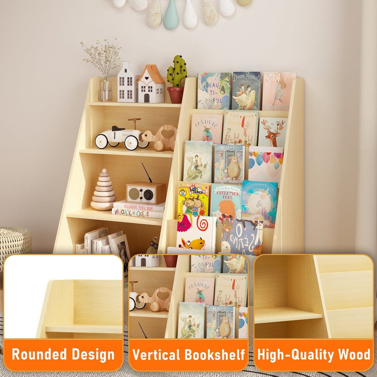 Kids bookshelf with toy storage organizer, GBruno Store, multi-tier design, 34.65 inches tall, featuring colorful shelves and compartments.