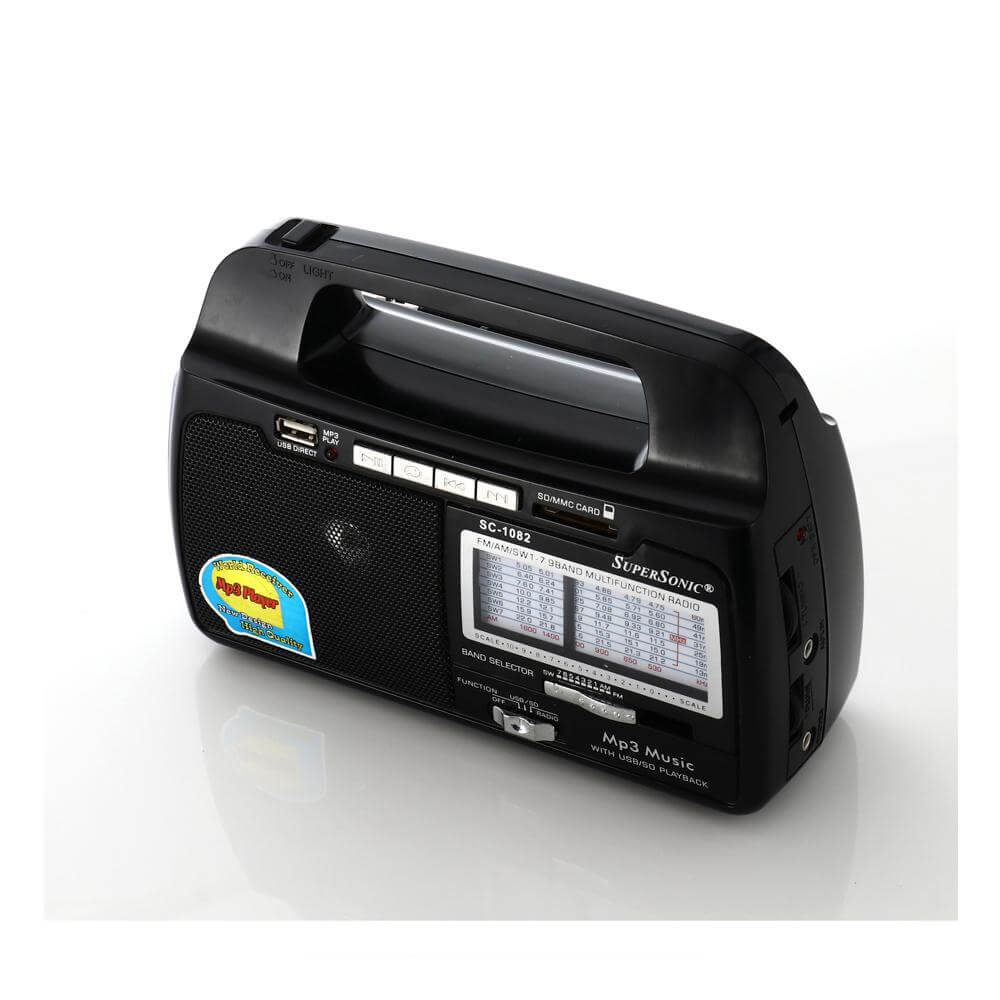 Supersonic portable radio with AM/FM/SW bands and built-in torch light, featuring a compact design and digital tuning.