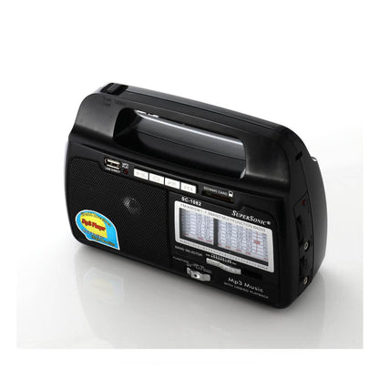 Supersonic portable radio with AM/FM/SW bands and built-in torch light, featuring a compact design and digital tuning.