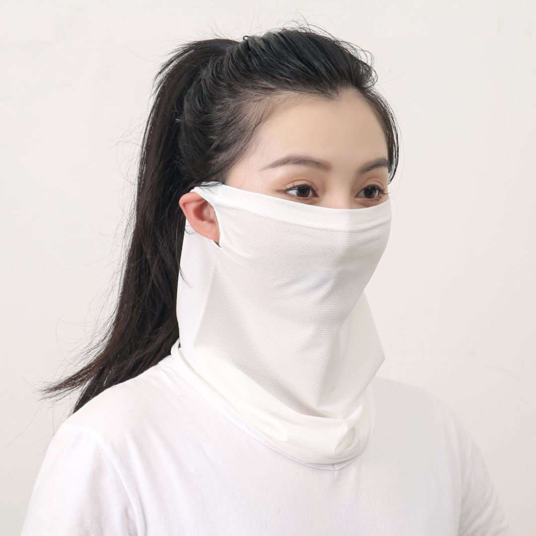 Ice silk UV protection mask for sun protection, shown in light blue fabric with water-resistant texture