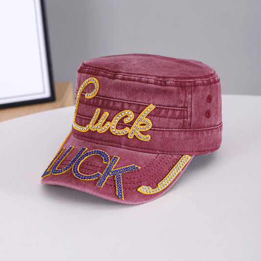 Summer Men's Solid-color Rhinestone-embroidered Letter  LUCK Water-washed Retro Sun-protective Street Fashion Hat For Gatherings, Street Dance, Casual Sports