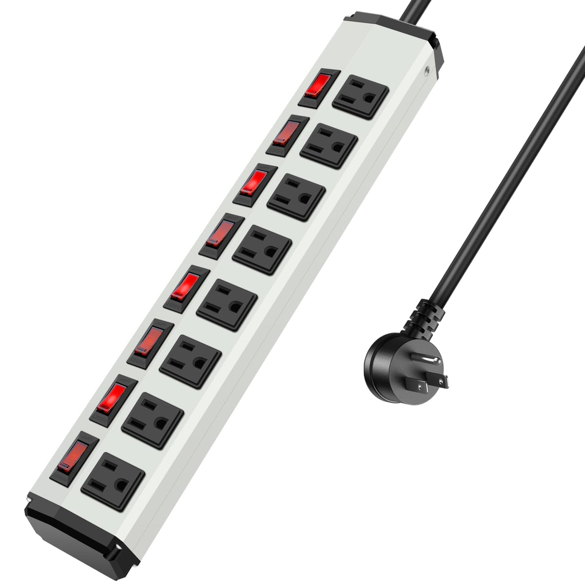 Heavy-duty 8 outlet metal power strip with switches, flat plug, surge protection, 6ft cord, ideal for home, office, or industrial use