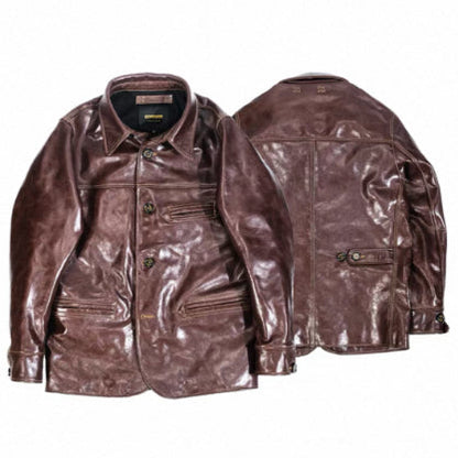 Men's mid-length heavy-duty leather jacket in a classic design