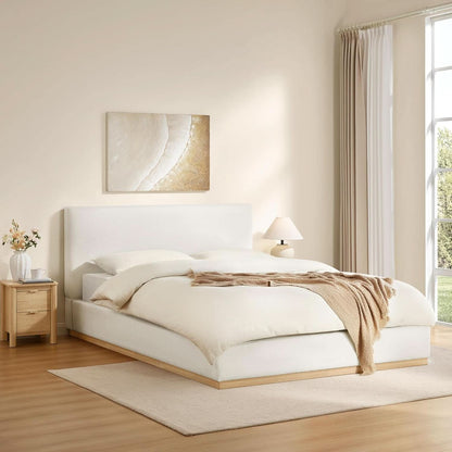 Queen size luxurious upholstered platform bed frame from ShipItFurniture, showcasing a plush fabric headboard and sleek design.