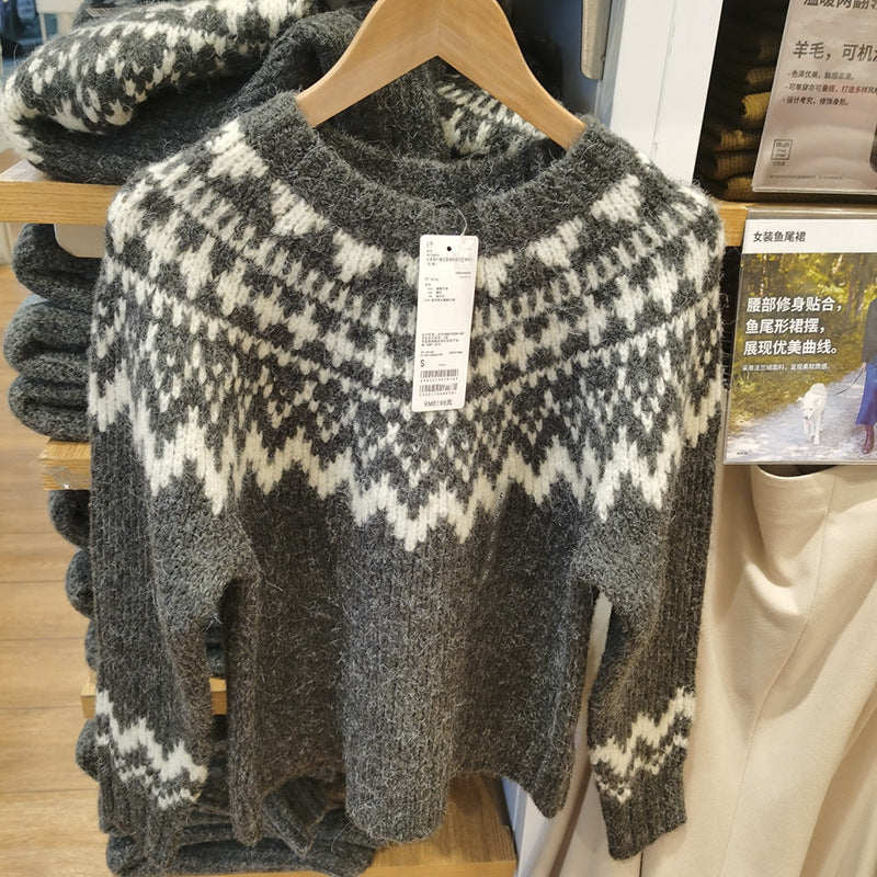 Women's thick knit printed round neck sweater with long sleeves for autumn and winter, My Store