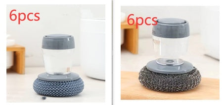 Kitchen soap dispensing palm brush cleaner for dishwashing with push-type detergent dispenser handle
