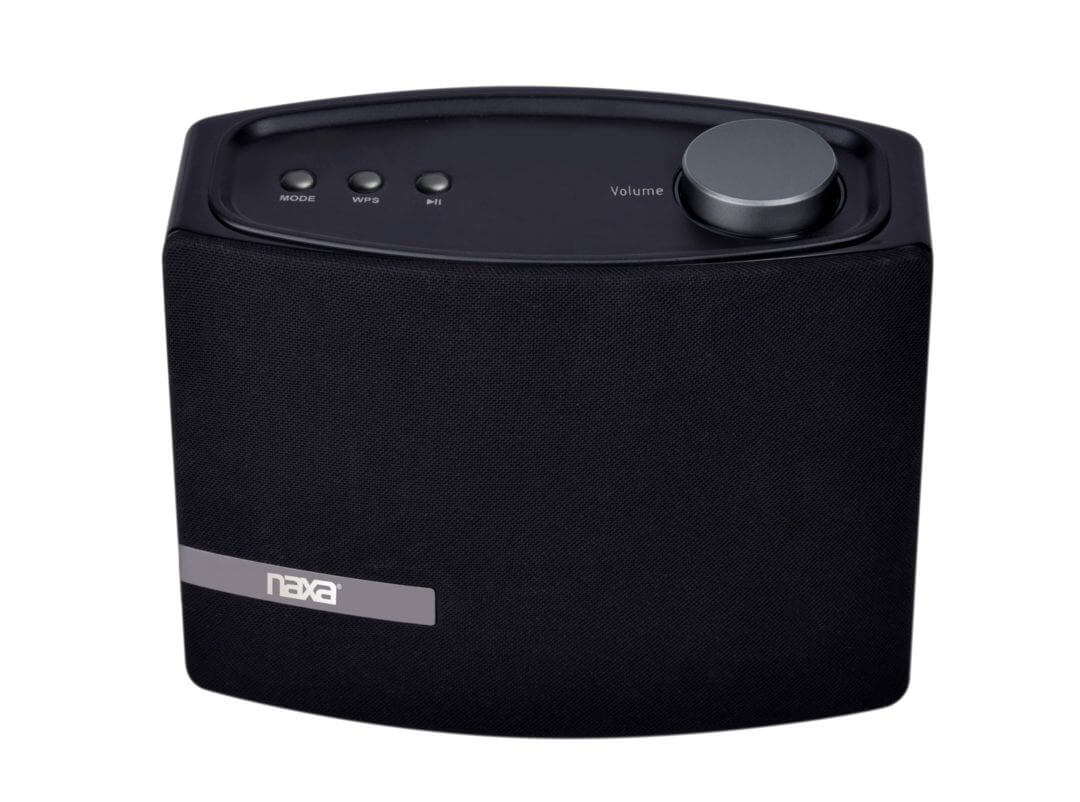 Naxa Wi-Fi and Bluetooth multi-room speaker with Amazon Alexa voice control, showing sleek black design and control buttons.