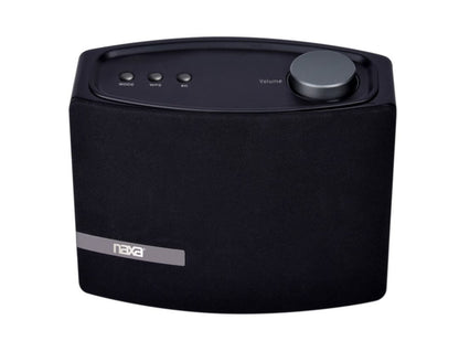 Naxa Wi-Fi and Bluetooth multi-room speaker with Amazon Alexa voice control showing sleek design and control buttons on the front.