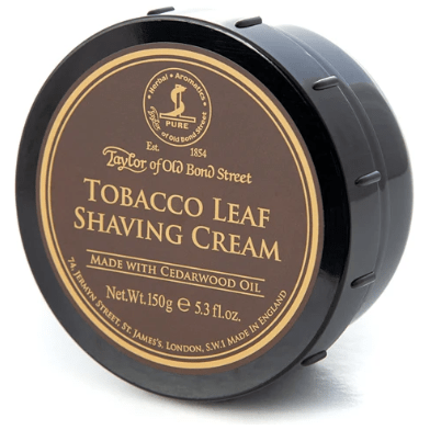 Taylor Of Old Bond Street Tobacco Leaf shaving cream in a 150g jar, showcasing the classic packaging and rich, creamy texture.