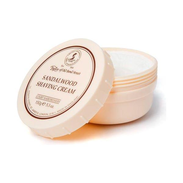 Taylor Of Old Bond Street Sandalwood shaving cream bowl, 150g, with creamy texture and classic packaging, suitable for wet shaving.