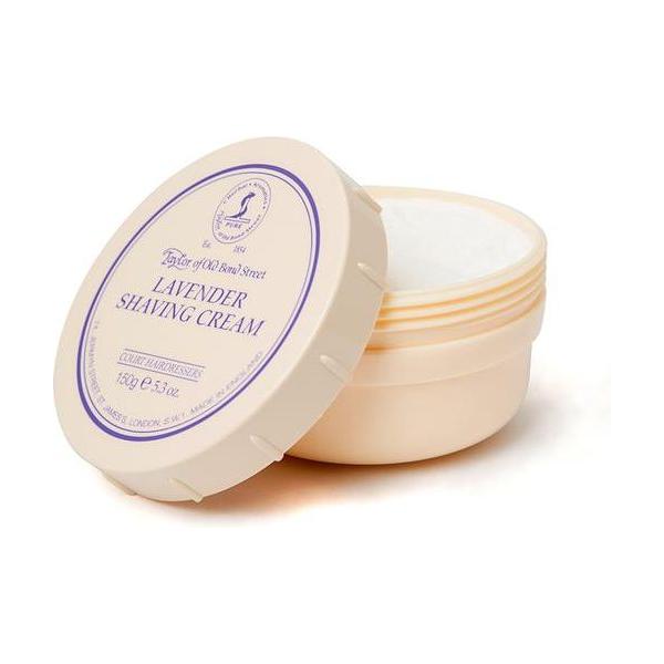 Lavender shaving cream in a bowl by Taylor of Old Bond Street, featuring rich lather and classic packaging.