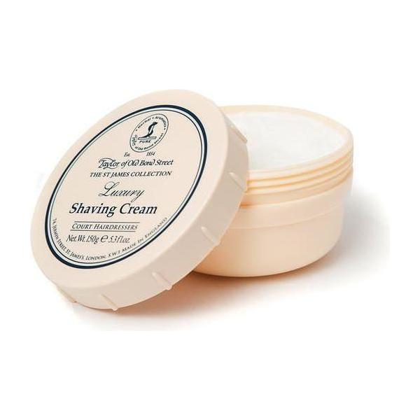 Taylor of Old Bond Street St James Shaving Cream bowl, 150g, in a classic ceramic container with a lid and rich, creamy texture.