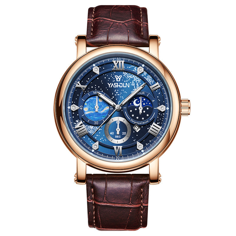 Sophisticated men's watch with vast starry sky dial design, featuring a refined analog display