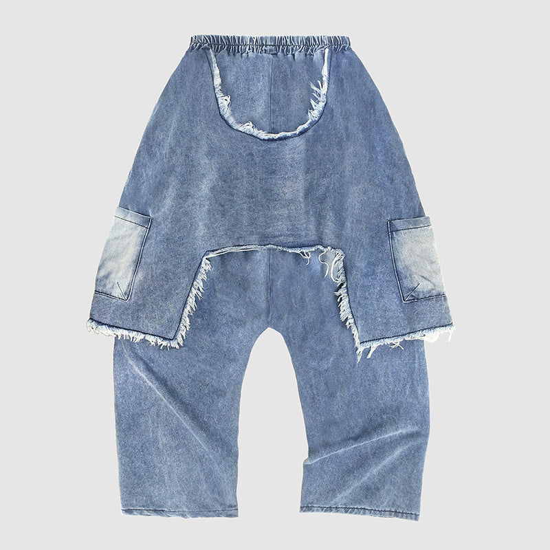 Trendy personalized distressed brushed ripped jeans with a worn finish and visible knee tears