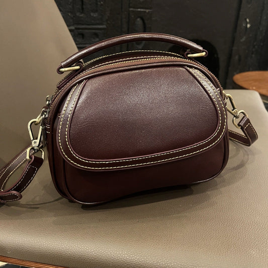 Top-grain leather women's single-shoulder crossbody bag, vintage small round handbag
