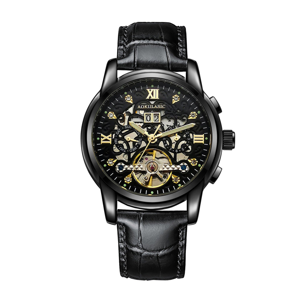 Men's large-rotor skeleton automatic mechanical watch with exposed movement and transparent dial