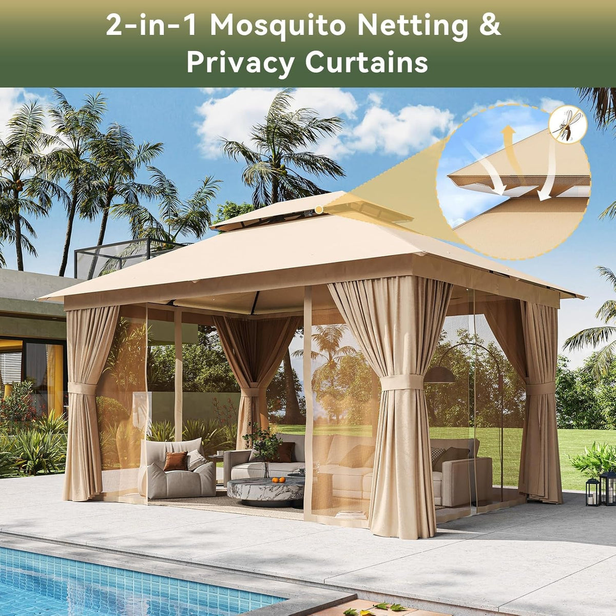 12x10ft outdoor gazebo with stainless steel frame, durable weather-resistant structure for outdoor shade and relaxation.