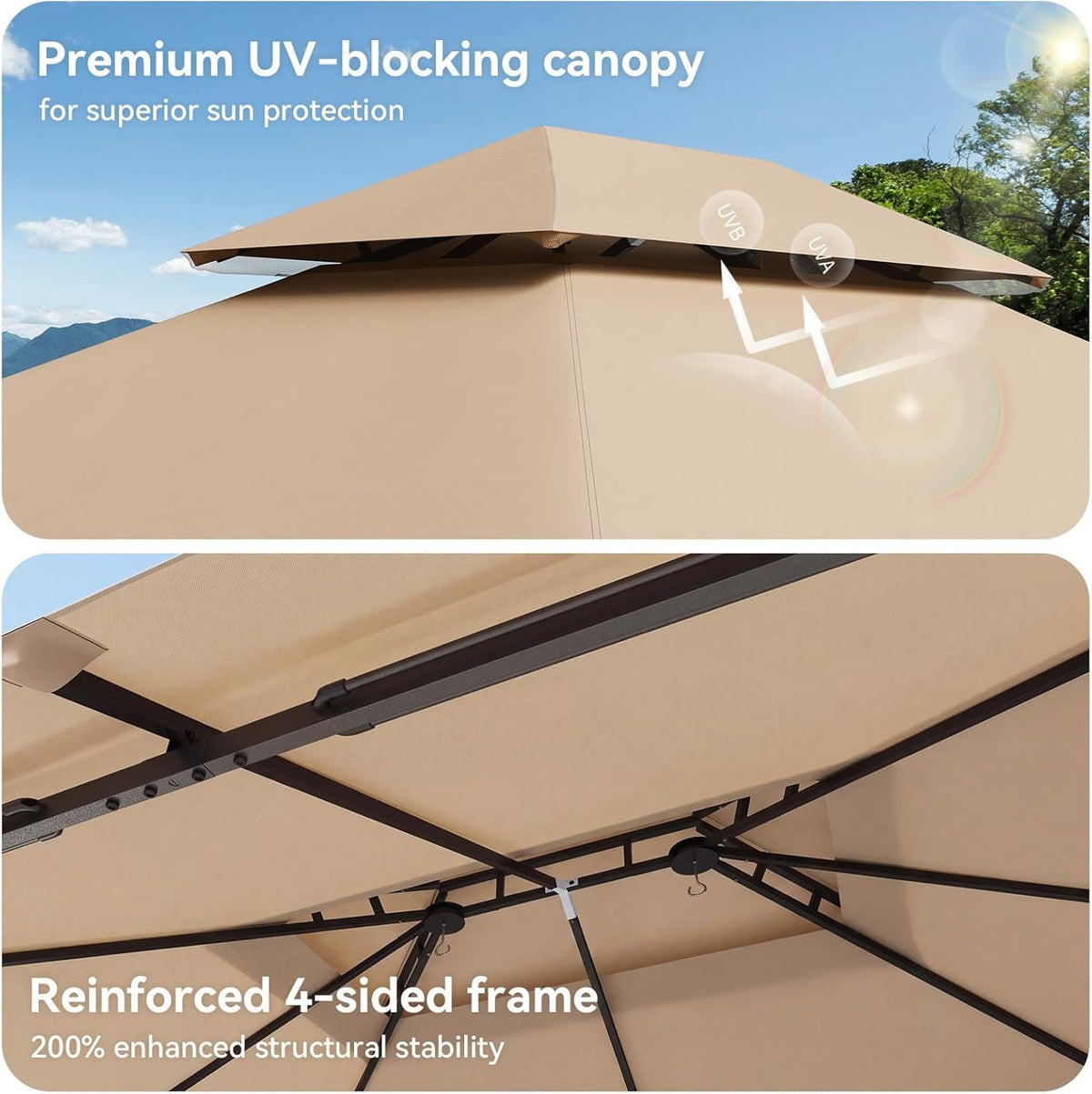 12x10ft outdoor gazebo with stainless steel frame, durable fabric canopy, ideal for outdoor shade and entertaining spaces