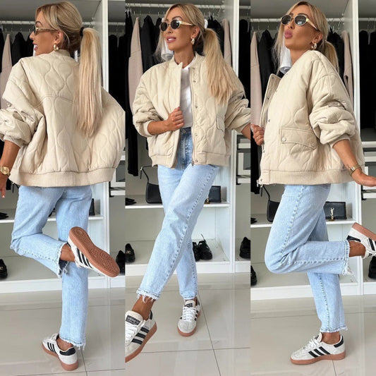 Women's winter stitched jacket, solid color long-sleeved buckle coat for casual fashion outerwear