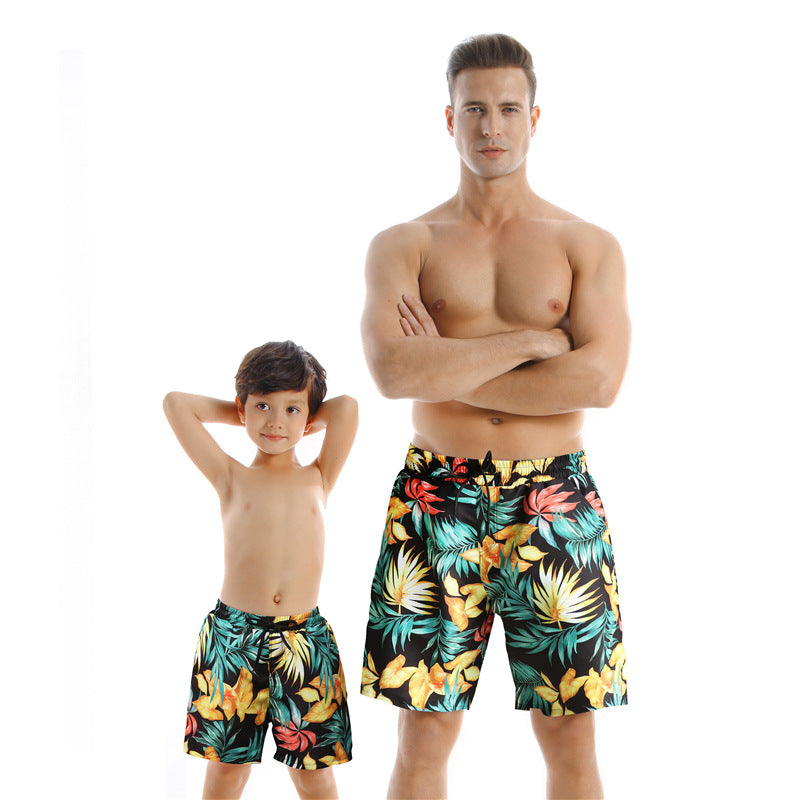 Parent child quick-drying swimwear beach pants in a new style, shown in coordinating designs