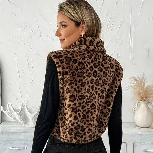 Leopard-print sleeveless reversible fleece vest jacket with double-sided design