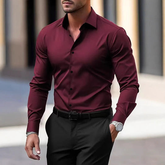 Men's solid color business button-down shirt with long sleeves and lapel collar 񟿿