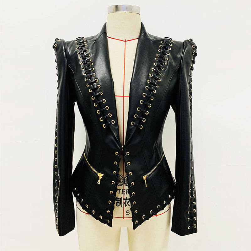 Fashion Heavy Industry eyelet rope slim-fit leather coat suit jacket in black