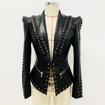 Fashion Heavy Industry eyelet rope slim-fit leather coat suit jacket in black