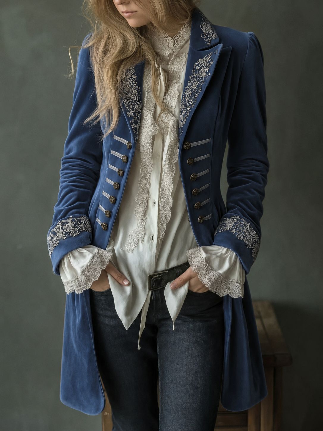 Women's long-sleeve solid-color patchwork lace gold-velvet coat by My Store