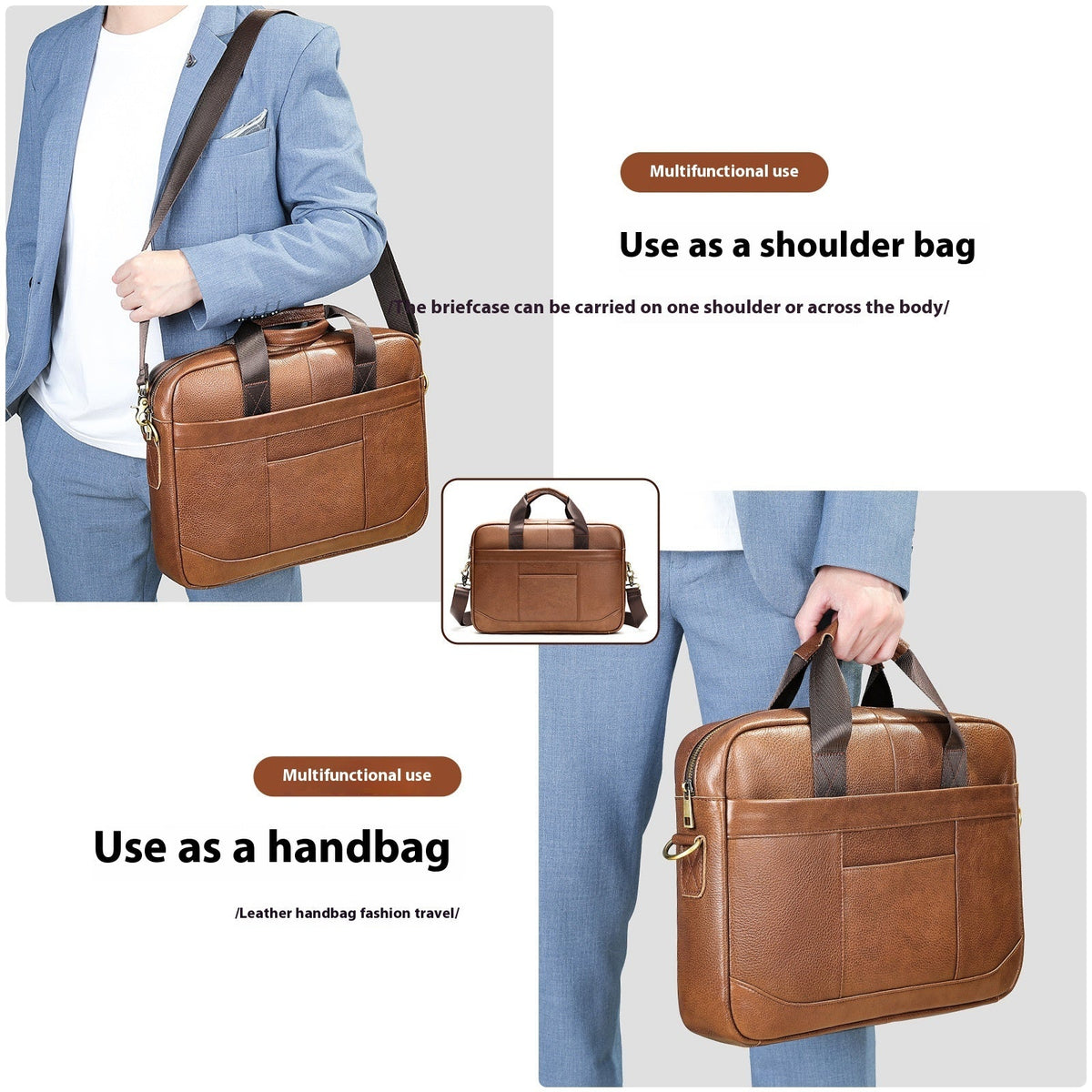 Men's leather casual computer bag with document compartment and adjustable shoulder crossbody strap