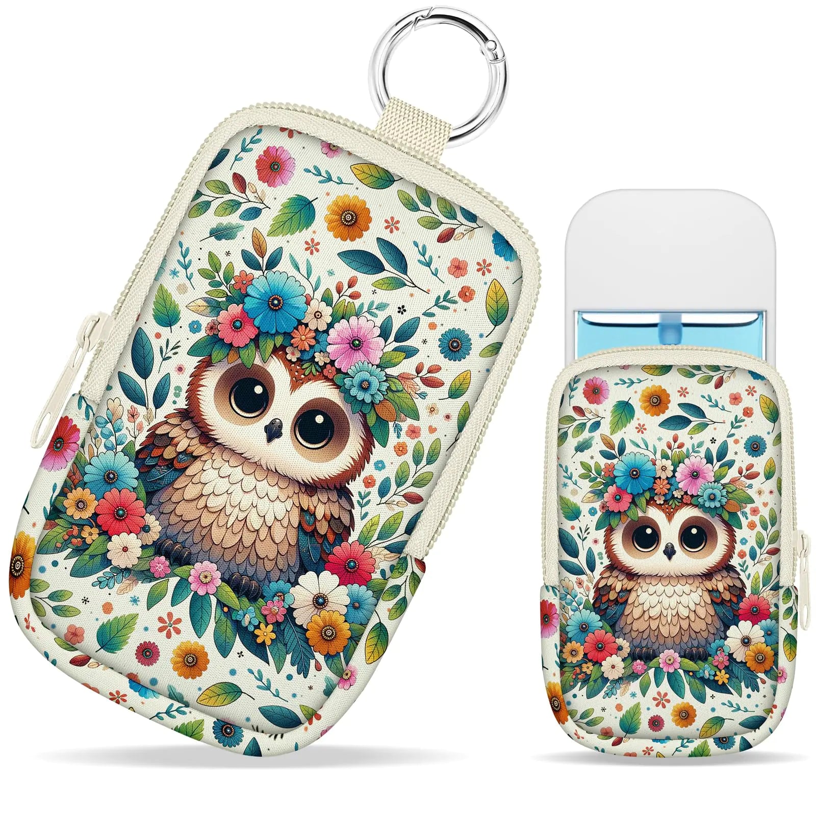 Mcapirivo Owls Floral Hand Sanitizer Spray Case Hand Sanitizer Holder Zippered Pouch Cute Fashion Accessory with Snap Hook for Glow Mist and Power Mist 1FL OZ