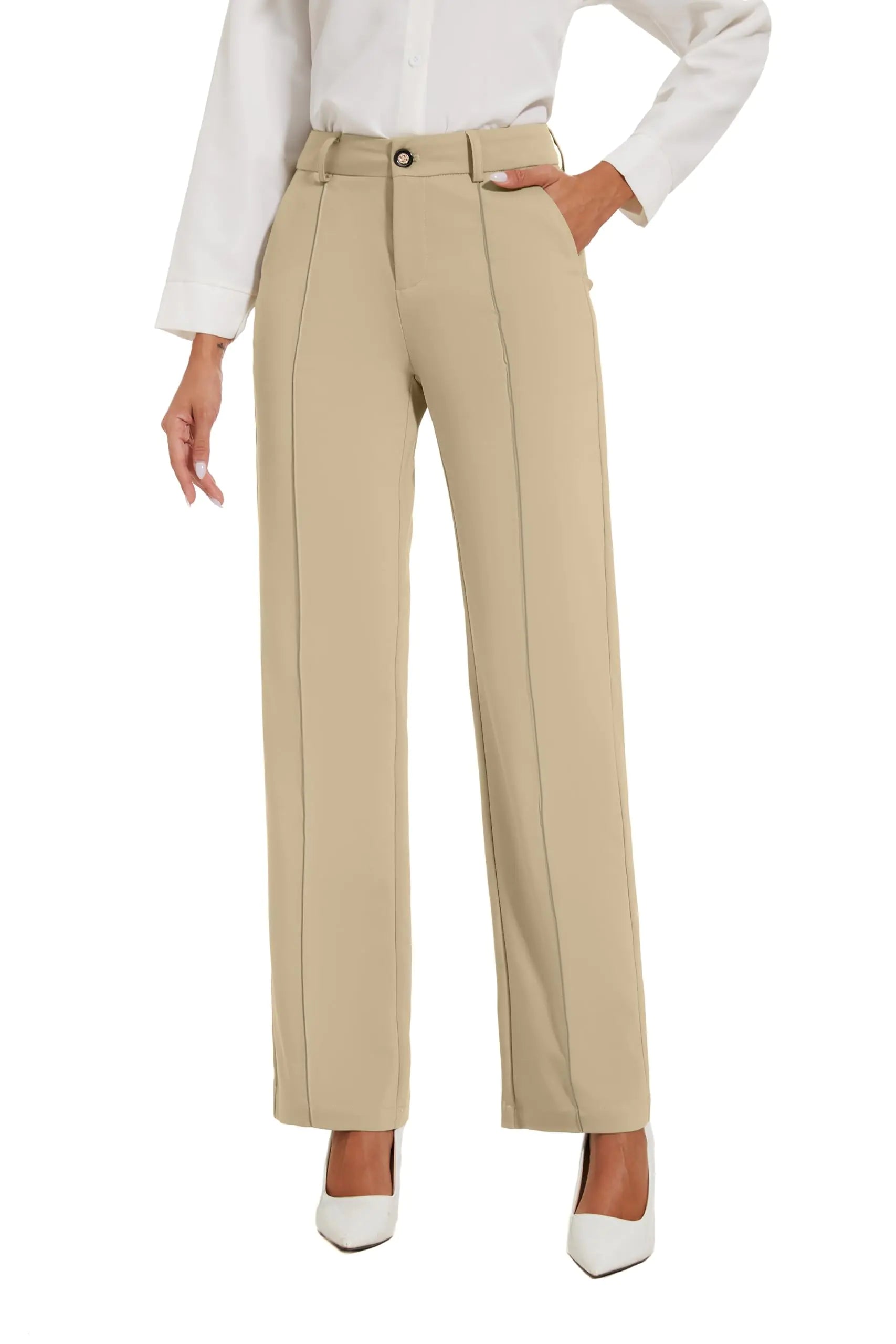 KICZOY Womens Dress Pants Stretchy Business Casual Work Pants Straight Leg Slacks for Office A-Khaki