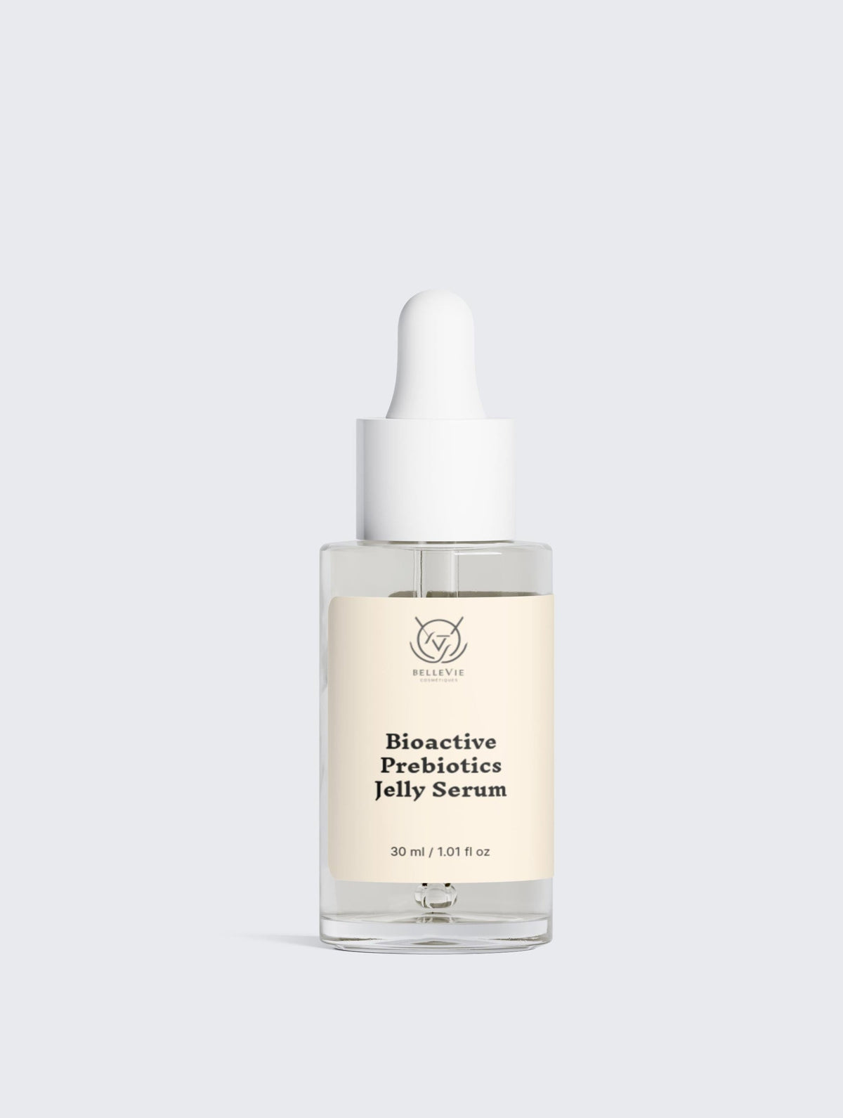 BelleVie Cosmétiques Bioactive Prebiotics Jelly Serum in a 30ml bottle, showcasing a clear, gel-like skincare product.