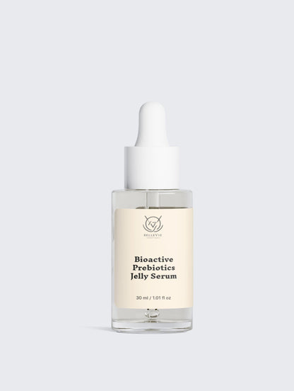 BelleVie Cosmétiques Bioactive Prebiotics Jelly Serum in a 30ml bottle, showcasing a clear, gel-like skincare product.
