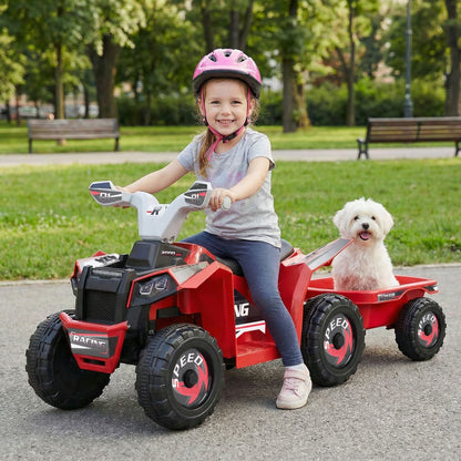 Kids electric ATV quad with detachable trailer in red, featuring four wheels, a seat, and a safety handle for ride-on fun.
