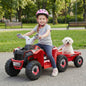 Kids electric ATV quad with detachable trailer in red, featuring four wheels, a seat, and a safety handle for ride-on fun.