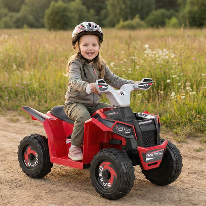 Kids electric ATV quad with detachable trailer, 6V ride-on toy in bright colors, featuring realistic design and safety features.