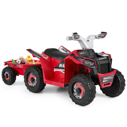 Kids electric ATV quad with detachable trailer, 6V ride-on toy from GBruno Store, featuring colorful design and sturdy wheels.
