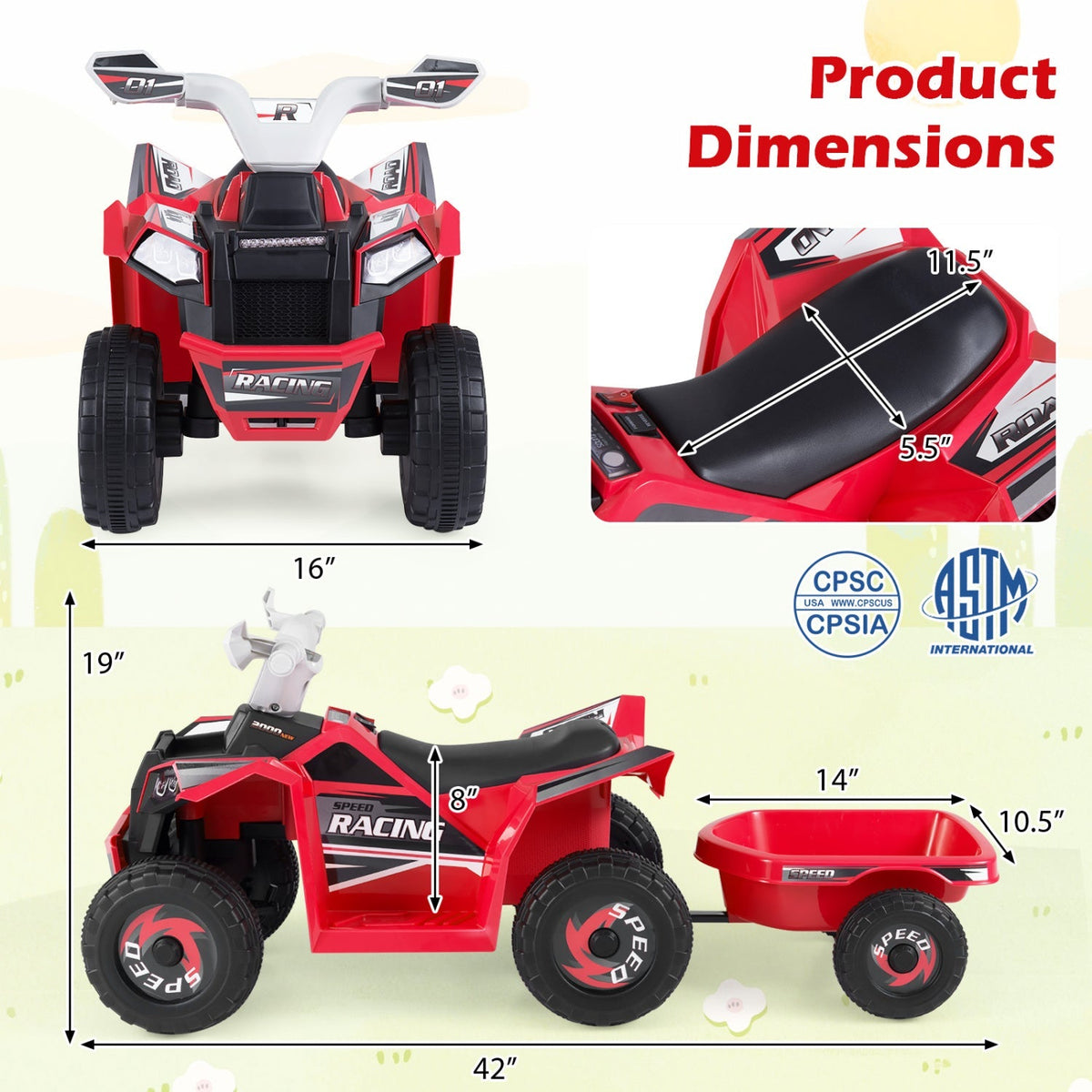 Kids electric ATV quad with a detachable trailer, 6V ride-on toy from GBruno Store, featuring bright colors and durable design.