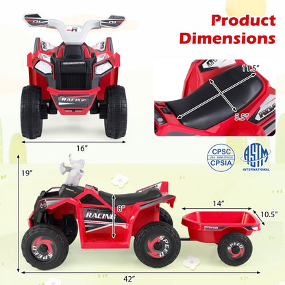 Kids riding GBruno Store's 6V electric ATV quad with detachable trailer, featuring bright colors and rugged design for outdoor fun.